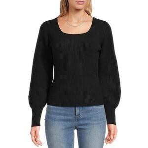 Madewell Soft Wool-Blend Square-Neck Pullover Sweater 2XS Black Blouson Sleeve